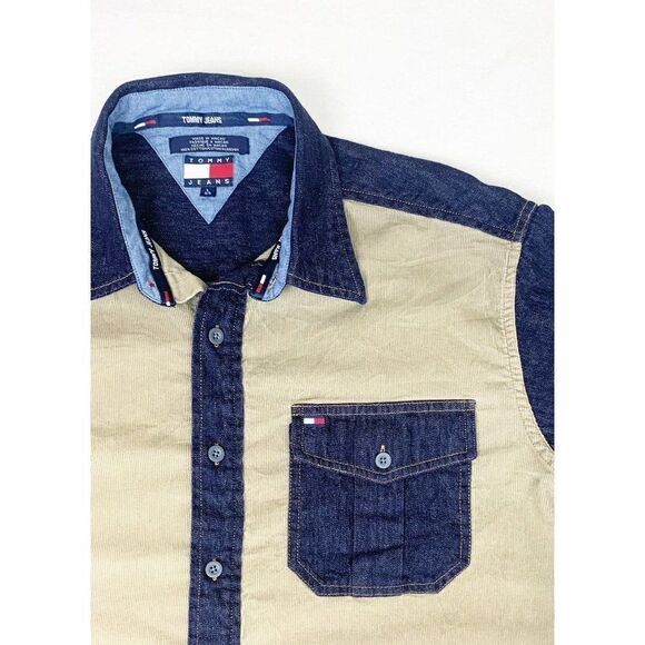 Vintage Tommy Hilfiger Jeans Shirt Large Blue Denim Corduroy Color Block - Picture 3 of 7